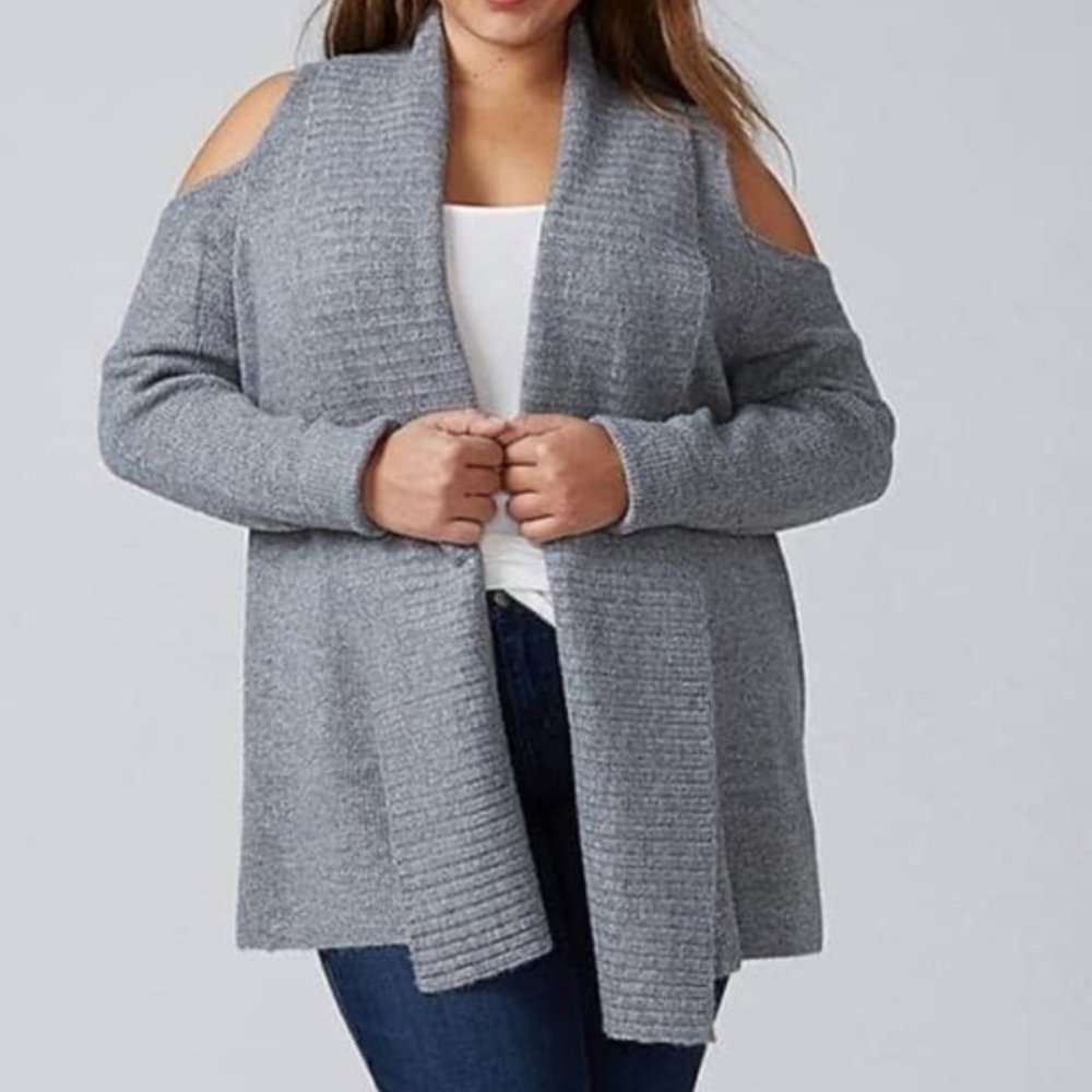 Lane Bryant | Gray Longline Cold Shoulder Cardigan Sweater